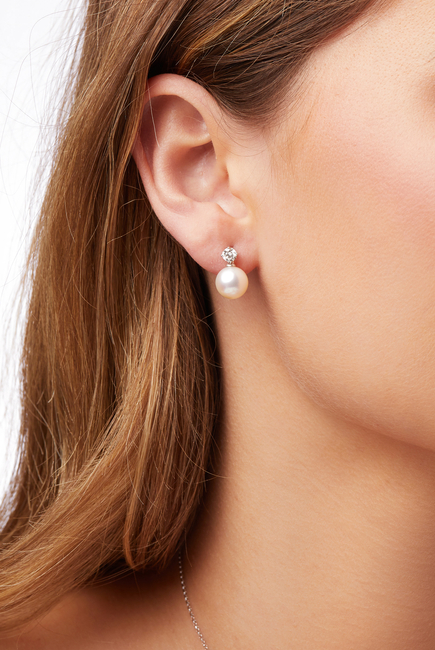 Classic Earrings, 18k White Gold, Diamond & 9mm Pearl